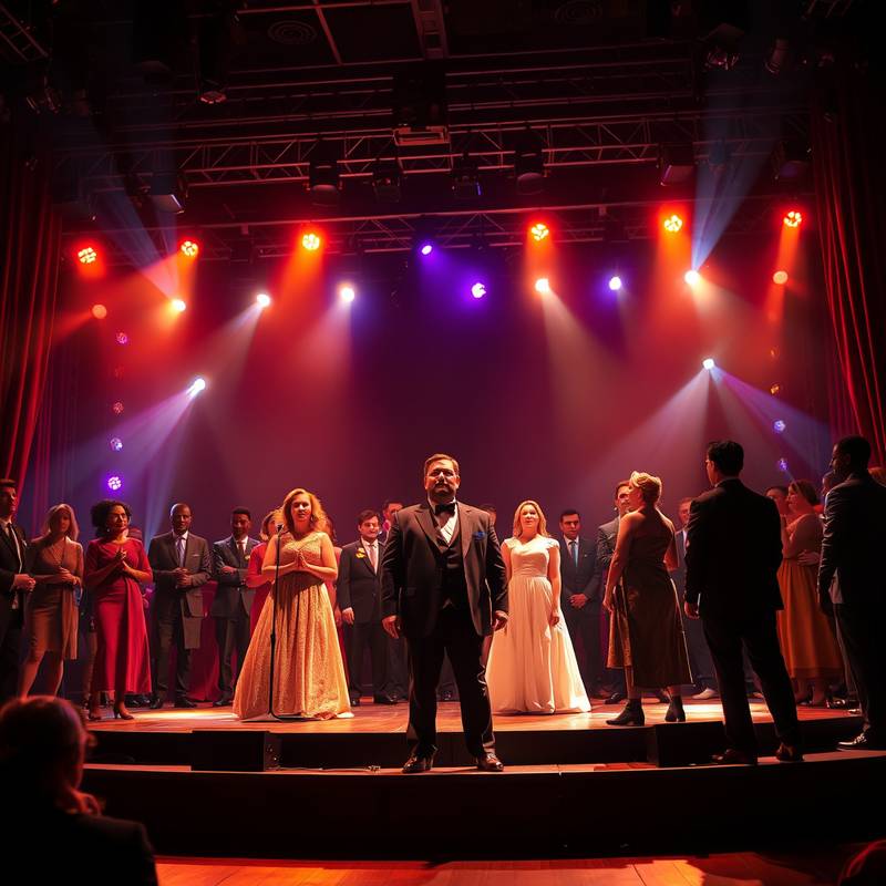 Atores no palco durante uma apresentação teatral vibrante